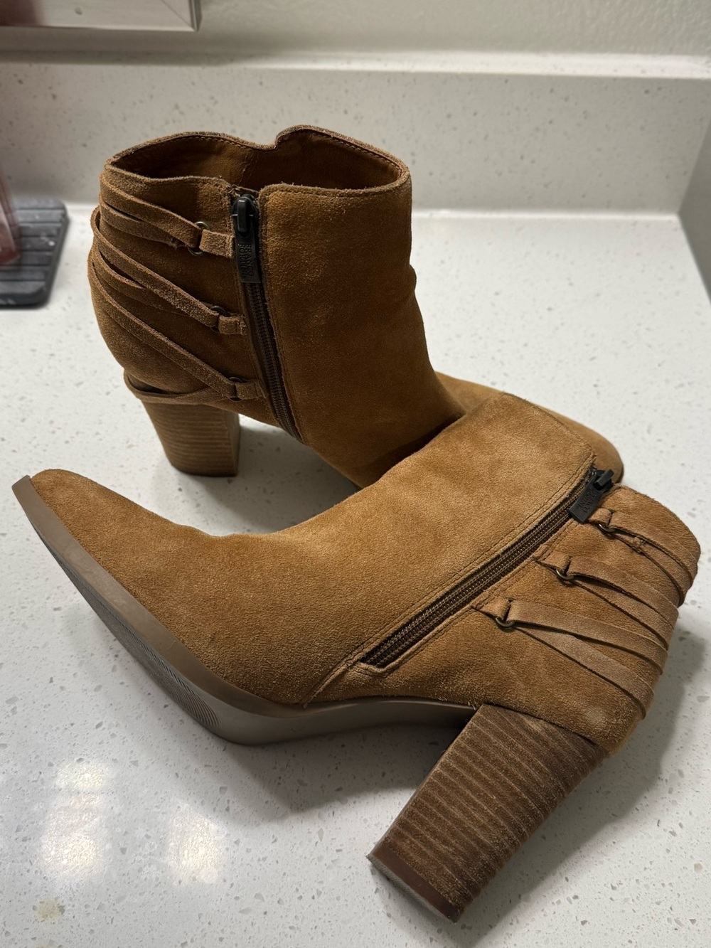 Tan Suede Fringe Ankle Booties - Cognac Brown